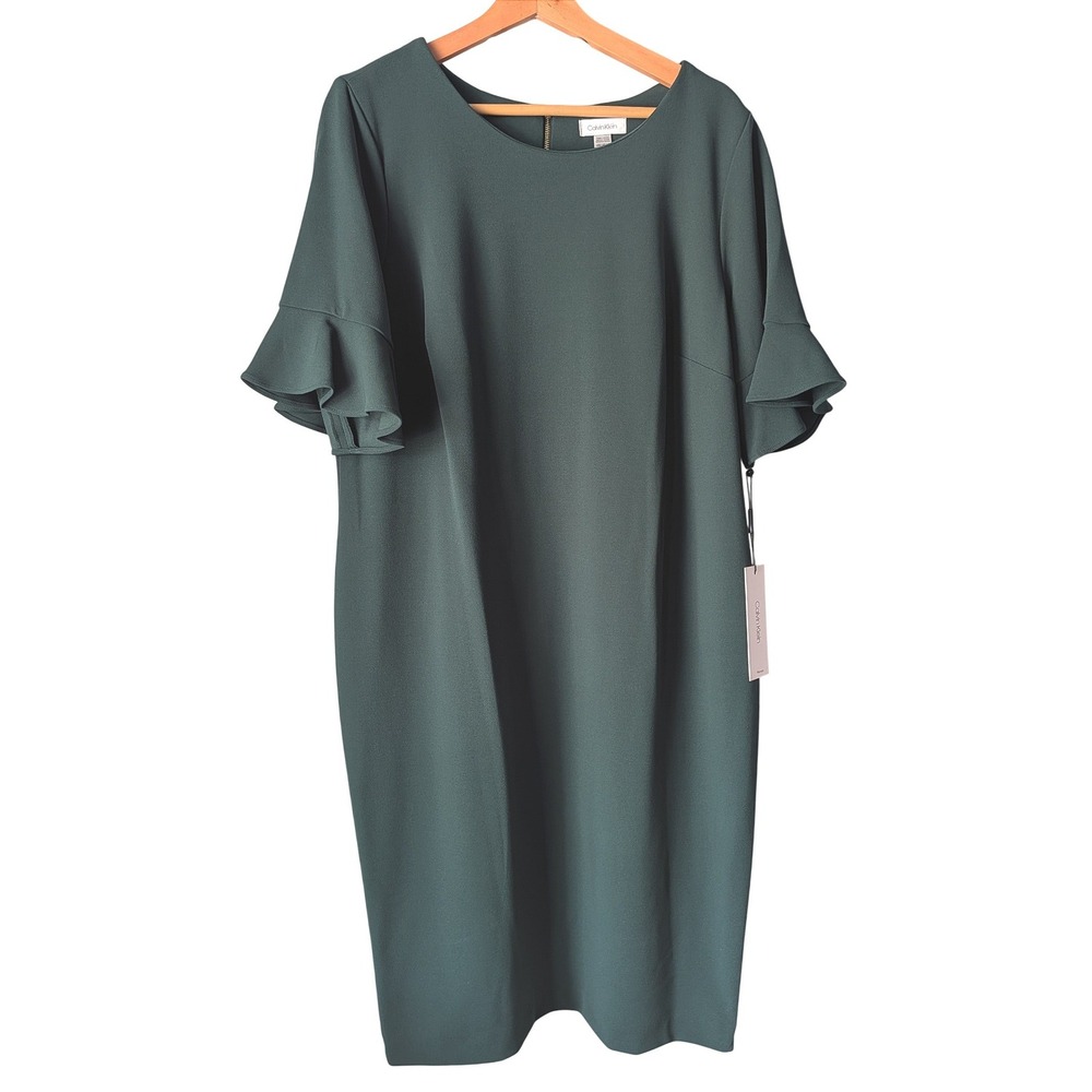 Calvin Klein Dress Women 14W Green Ruffle Sleeve Sheath Gold Zip NWT CX0C13YM